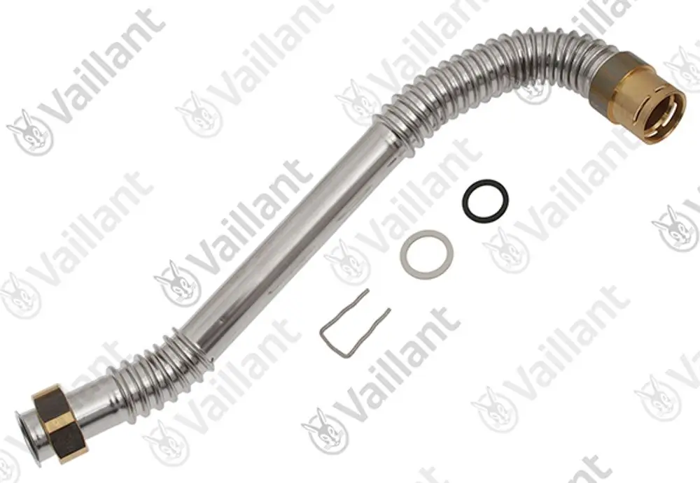 Vaillant Rohr mit gebogenen, flexiblen Edelstahlkomponenten, ausgestattet mit Dichtungen und einem Befestigungsclip für Installation oder Reparatur.
